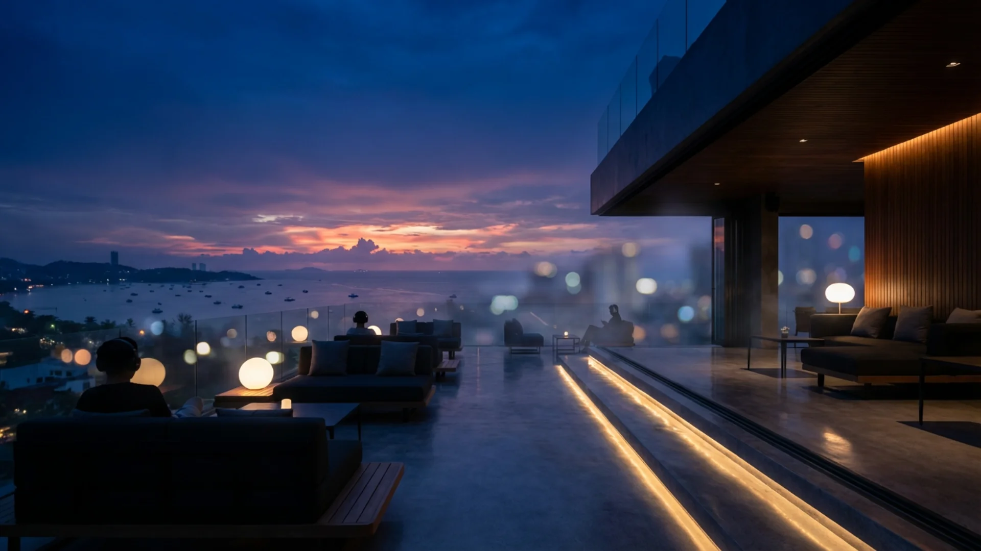 Modern workspace with city skyline at dusk - ambient music atmosphere for focus and productivity